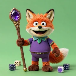 a fox wizard druid as a fluffy muppet plush wearing a vaporwave nostalgic outfit and holding a staff made from a stick with an amethyst gemstone tied at the top with dnd dice scattered around it, photorealistic, photography, national geographic, sesame street
