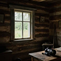 inside an old log cabin, the summer midday light comes in through a window and dimly illuminates the room, softened diffuse light, photorealism, photo taken with canon EOS 5D and 35 mm lens