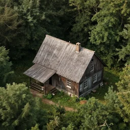 overhead view of an old rustic house in a forest in final fantasy