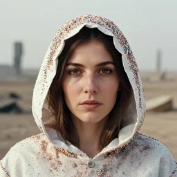 closeup portrait of a woman with a hood made of paper and sprinkles, standing in a desolate apocalyptic landscape, by Annie Leibovitz and Steve McCurry, natural light, detailed face, CANON Eos C300, ƒ1.8, 35mm, 8K, medium-format print