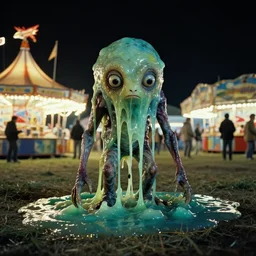 the strange creature at the county fair that hid at night, made of slime, film still from the movie directed by Denis Villeneuve with art direction by Salvador Dalí, wide lens