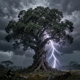 a beautiful painting of a huge tree of storm, foliage made of stormy clouds and lightnings, epic, fantasy, high definition, cinematic shot, natural volumetric light, artstation, ultra detailed, 8 k