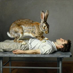 A large rabbit performing an autopsy on a man lying on a metal table, painting by Rockwell Kent