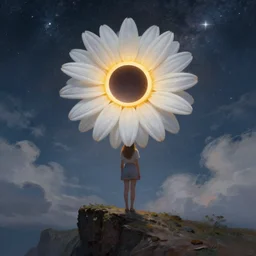 giant white daisy flower on head, girl standing on cliff, surreal photography, solar eclipse, milky way, dramatic light, impressionist painting, clouds, digital painting, artstation, james gilleard and liam wong and jeremy mann