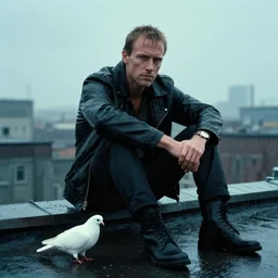 “Rutger Hauer sitting in the rain on a rooftop with a white dove in the style of Bladerunner movie”