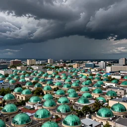 sprawling urban wasteland covered with small shiny emerald domes under dramatic thunderstorm clouds by caspar david friedrich,, by alexander fedosav, hyperrealism, 8 k resolution, behance hd, artstation, nightcafe