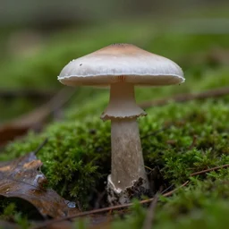 a single mushroom, moss and leaves on the floor, depth of field, f / 2. 8, photography