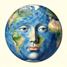 A vintage scientific illustration from the 1970s of the Earth as a human face