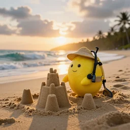 5 0 mm photograph, of a real anthropomorphic lemon character, with lemon skin texture, it is wearing a hat and scuba diving, building a sandcastle on the beach at sunset, beach, huge waves, sun, clouds, tropical trees, rim light, cinematic photography, professional, sand, sandcastle, volumetric lightening