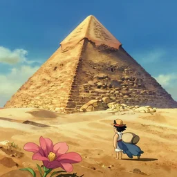 a wholesome animation key shot of a desert with pyramide, studio ghibli, pixar and disney animation, sharp, rendered in oil painting, anime key art by greg rutkowski, bloom, dramatic, dynamic lighting