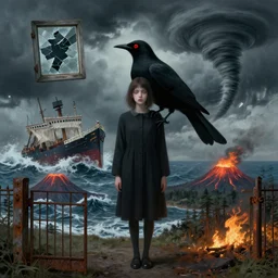a tall emo girl, a red - eyed blackbird, a sinking ship, a broken window, a stormy sky, a tornado, a hurricane, a tsunami, a volcano, a forest fire, a rusty gate, zen, surrealist, by magritte and monet