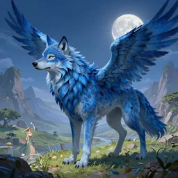 Blue feathered wolf with wings on a beautiful fantasy landscape, hills, mountains, moonlit, HD, illustration, epic, D&D, fantasy, intricate, elegant, highly detailed, digital painting, artstation, concept art, smooth, sharp focus, illustration, wallpaper, art by artgerm and greg rutkowski and alphonse mucha and jin xiaodi