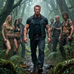 epic muscled Jean-Claude Van Damme walking through a foggy rain forest jungle, Boris Vallejo, Julie Bell, Zdzisław Beksiński, Ed Binkley, Mark Brooks Frank Frazetta, Greg Hildebrandt, Tim Hildebrandt, Alex Horley, Ralph Horsley, Peter Andrew Jones, Eddie Mendoza, Earl Norem, Greg Rutkowski, Michael Whelan, Artgerm