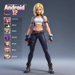 character sheet of Android 18 as a champion in the game wild rift. 3d render, unreal engine 5, 8k resolution, sfw