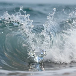 a symmetrical crashing wave with high refraction, glass, shining, diamond, nature, photo, motion blur, macro lens, soft, detailed, abstract, symmetrical composition, high quality, horizontal symmetry