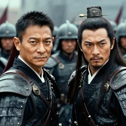 ultra high resolution close - up photo of andy lau and aaron kwok cosplay tai warlord in crowded battlefield, standing with their army. the light is dim, and the colours are muted. kodak etkar 1 0 0.