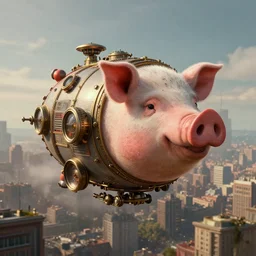 a PIG HEAD, pig-blimp, steampunk, digital art, extremely detailed, flying over a city, greg rutkowski, cinematic