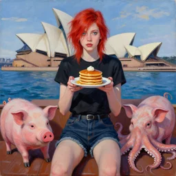 tall emo female artist holding pancakes, in chippendale sydney, pigs, octopus, acrylic on canvas, surrealist, by magritte and monet