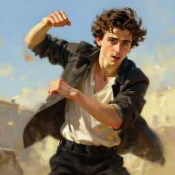 Timothee Chalamet, the most beautiful androgynous man in the world, intense painting, sunny day, +++ super supper supper dynamic pose,  digital art, art by j.c leyendecker