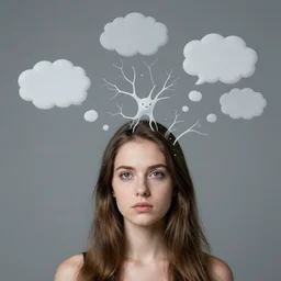 surreal portrait of one girl thought bubbles coming out of her hair. neurons are bursting out of the thought bubbles by disney concept artists, blunt borders, rule of thirds, vibrant colors, emotional