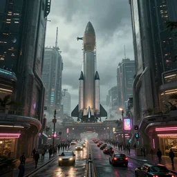 a futuristic colony, blade runner 2 0 4 9 city architecture, spacex starship rocket launch site, environmental lighting, stromy weather, ray tracing, people walking on street, amazing view, highly detailed, heavy traffic, neon shops, octane render, unreal engine 5, 4 k