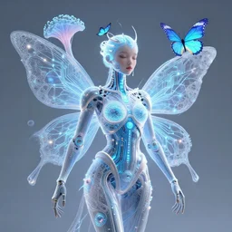 cybernetic queen with neon accents in her 3 d bioluminescent radically alive world of fungal fractals and butterflies, circuitry and electricity, intricate mycelial lace, fractalpunk, rococo, ultra detailed, intricate details, ornate, hyperrealistic, octane render, inspired by ross tran & brian froud & james jean & android jones & william morris & ernst haeckel & alphonse mucha, unreal engine render, octane render