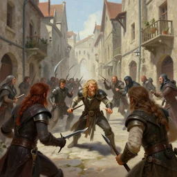 an exciting fantasy street battle within a fascinating old city, narrow streets, old buildings, by Sylvain Sarrailh, cinematic, simple but effective composition, clean lines, beautiful digital painting, oil painting, great character design, dungeons and dragons, lord of the rings,  close up character, fantasy races