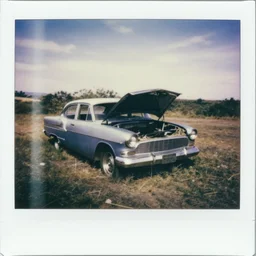 old gipsy car broken down in the countryside, polaroid, film still