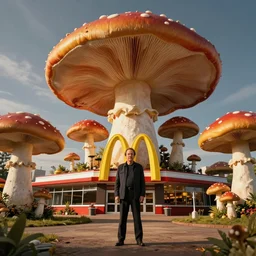 Michael Keaton standing in front of big large building, Mcdonalds Restraunt gigantic fungus mushroom, surrounded by mushrooms, one point perspective, cinematic, low angle ,wide angle, photography
