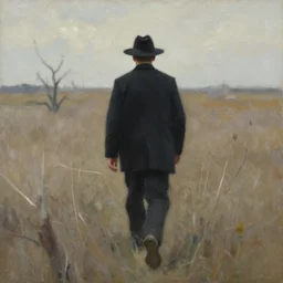 a man in black and a black hat walking through a dead grassy field, impressionist art