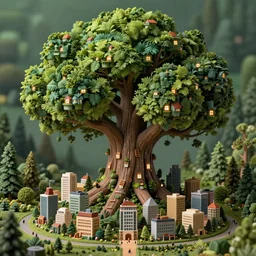 a miniature city built into the trunk of a single colossal tree in the forest, with tiny people, in the style of ted nasmith, lit windows, close - up, low angle, wide angle, awe - inspiring, highly detailed digital art