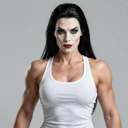 a dark haired very roided female bodybuilder morticia addams in a white tank top. highly detailed portrait, digital painting, sharp focus illustration, artstation hq. intricate, elegant. art by wlop and tooth wu and greg rutkowski and alena aenami and beeple, medium shot, green iridescent