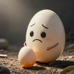 the egg troll eating the last egg while looking sad, realistic photo,