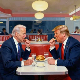 joe biden and donald trump having dinner in a 1 9 5 0 s diner. highly detailed painting by norman rockwell 8 k