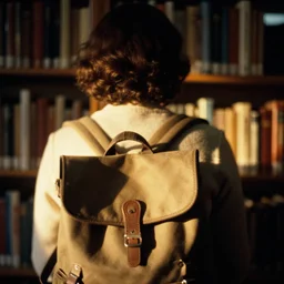 a 3 5 mm photo from the back of a woman wearing a backpack standing in front of a bookshelf at a library on a college campus in the 1 9 5 0 s, bokeh, canon 5 0 mm, cinematic lighting, dramatic, film, photography, golden hour, depth of field, award - winning, 3 5 mm film grain, retro, film, kodachrome, closeup