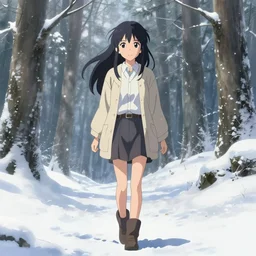 atmospheric full - body anime girl by davinci walking through very scenic snowy forest, upper - body beautiful extremely detailed illustration, stunning face and eyes, pretty, by makoto shinkai, pixiv gelbooru danbooru