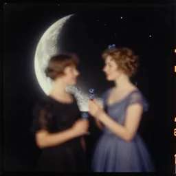 kodak portra 4 0 0, wetplate, muted colours, blueberry, 1 8 9 0 s style, motion blur, portrait photo of a backdrop, sparkling, halfmoon in space, by georges melies and by britt marling