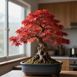 photo of a red maple bonsai in a kitchen, next to a window, beautiful, high detail, cinematic,