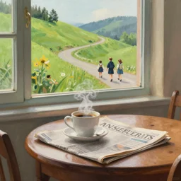 “ nostalgic painting of a breakfast table with a steaming cup of coffee and a newspaper. the window behind it shows a green idyllic hill with a road on it, and families walking to school ”