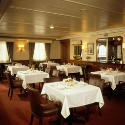 first class dining room on the titanic, wide shot, old photograph, detailed furnishings,