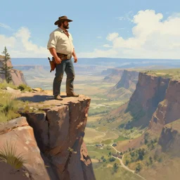 wild west portrait of brawny burly surly cowboy man standing at the edge of a steep sharp cliff extreme drop looking out at the valley, sunny day, digital art by Nerdrum John, William Waterhouse, Winslow Homer, Alex Heywood, Jordan Grimmer, Darren Quach, Greg Rutkowski, Simon Stalenhag, trending on Artstation, CGSociety