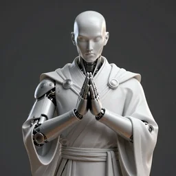 a cyborg warrior monk with praying hands, wearing a flowing cloak, cyborg hardware, 3 d render, octane, zbrush, painting, artstation, concept art, smooth, sharp focus, illustration, art by artgerm and greg rutkowski