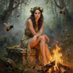 Portrait of the beautiful woman Gal Gadot as a forest nymph, she is posing, she has a crown of flowers, she is sitting on an ancient ruins, there is fog and lots of extravagant insects, she is getting ulluminated by wood fire, the photo was taking by Annie Leibovitz, matte painting, oil painting, naturalism, 4k, 8k