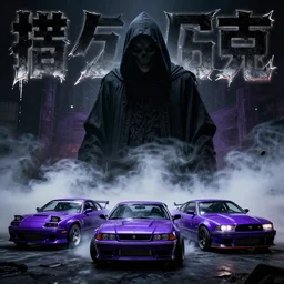 sinister photo of the grim reaper looming, detailed, vhscore, hatecore, smoke fog mist, japanese kanji text vhs camera font, 6 6 6 triplesix purple drift cars, drugcore, serial killer
