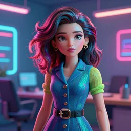 female in office dress, illustrated by greg rutkowski and gaston bussiere, 3 5 mm lens, beautiful macro close - up imagery, vibrantly lush neon lighting, beautiful volumetric - lighting - style atmosphere, a futuristic atmosphere, intricate, detailed, photorealistic imagery, trending on artstation, 4 k, 8 k