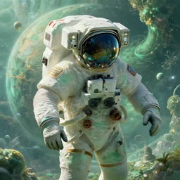 extremely detailed, astronaut, lush planet, soft light, jade green, golden glow, diffuse lighting, fantasy, intricate, surrealism!!!!, highly detailed, lifelike, photorealistic, digital painting, artstation, illustration, concept art, smooth, sharp focus, by greg rutkowski, chris tulloch mccabe, valentina remenar and asher duran,