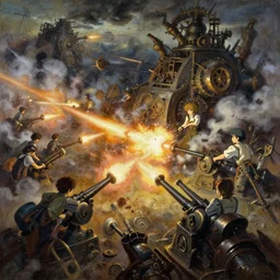 baroque oil painting of anime key visual environment concept art of anime rail canon artillery firing at enemy lines, smoke debris, grimdark steampunk fantasy, battlefield, trending on artstation, brush strokes, oil on canvas, style of makoto shinkai and greg rutkowski and studio ghibli