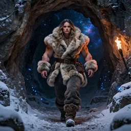 epically muscled Mila Kunis walking out of a deep dark cave, puffy warm wooly clothing,stormy snowy winter, blue fireflies, nebula background, torches, artstation, concept art, sharp focus, art by artgerm and donato giancola and Joseph Christian Leyendecker, WLOP