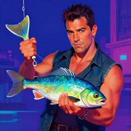 art of ray romano holding a fish, digital painting, synthwave, vivid