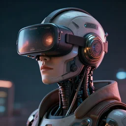 retro vintage sci - fi, cyber robot wearing vr headset, 3 d illutration, profile face portrait, night, detailed, cyberpunk style, character, ai, detailed,